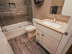 Neutral Bathroom Wood Tile Floor
