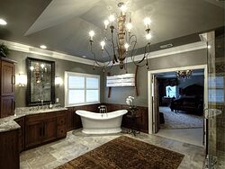 Large Bathroom With Chandelier - Gray Tones