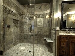 Large Bathroom With Chandelier - Glass Shower