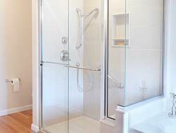 Bright Bathroom With Double Vanity - Shower
