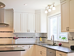 Transitional Kitchen With A Pop Of Color - Kitchen Cabinets
