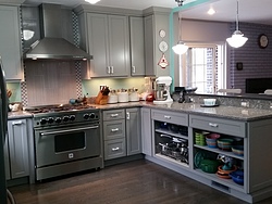 Contemporary Gray & Teal Kitchen - Cabinets