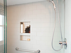 Gray Toned Bathroom - Shower Shelves